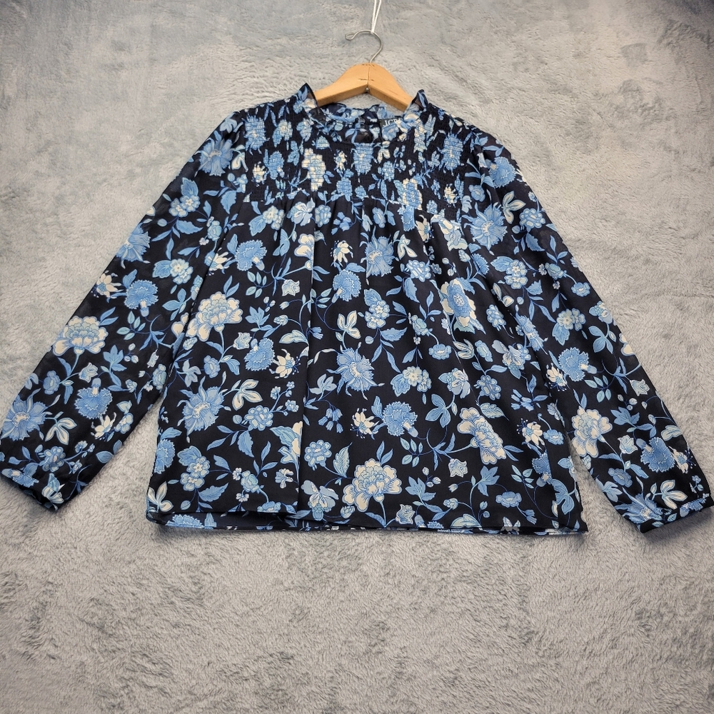 J Crew Womens Blouse Size Medium Boho Floral Smocked Lined Ruffle Neck Office
